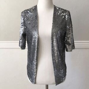 Flounce tbd Open Front Silver Sequined 3/4 Sleeve Jacket Women Size M